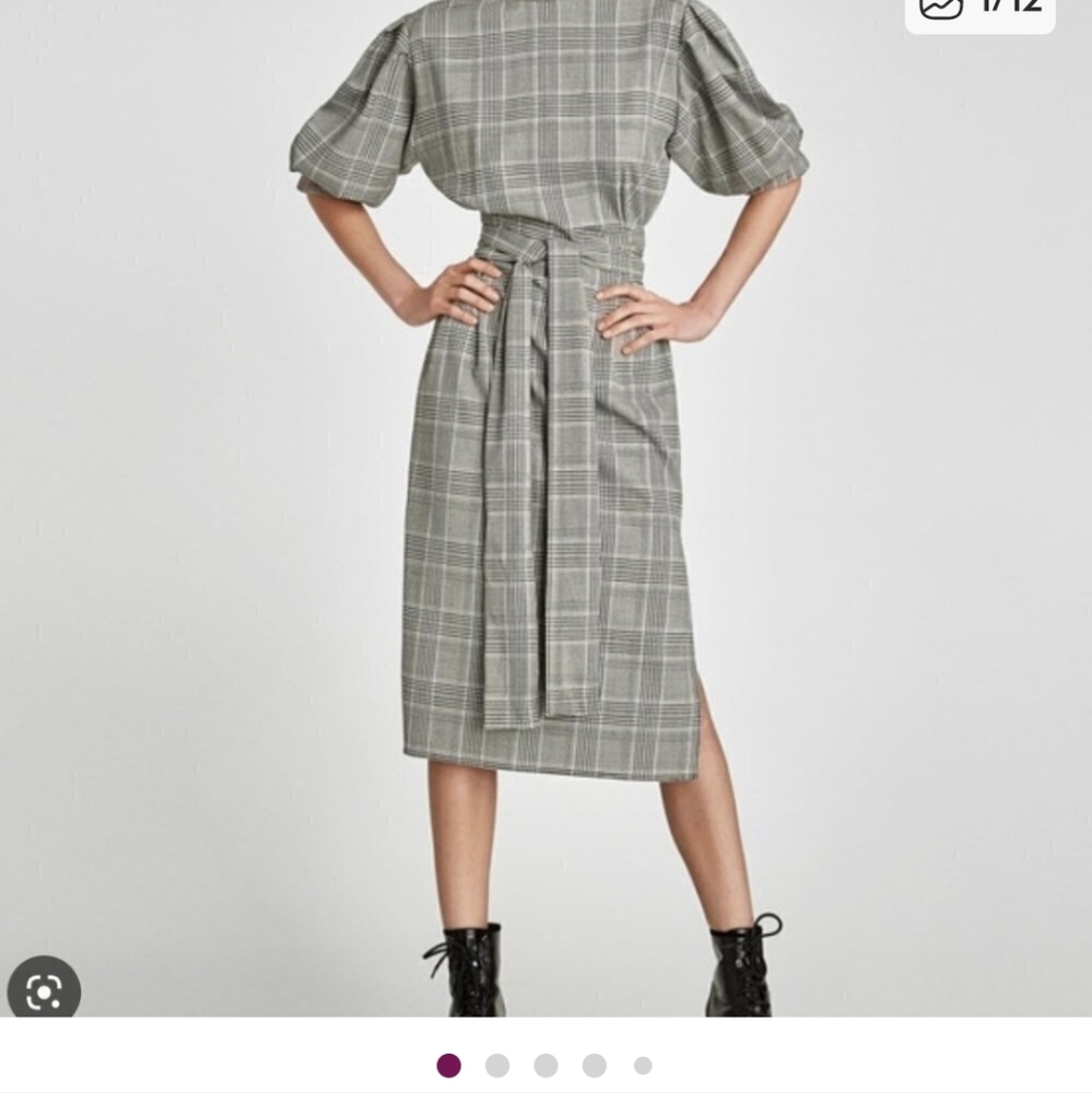 NWT Zara Gray Plaid Checked Puff Sleeve Midi Dress